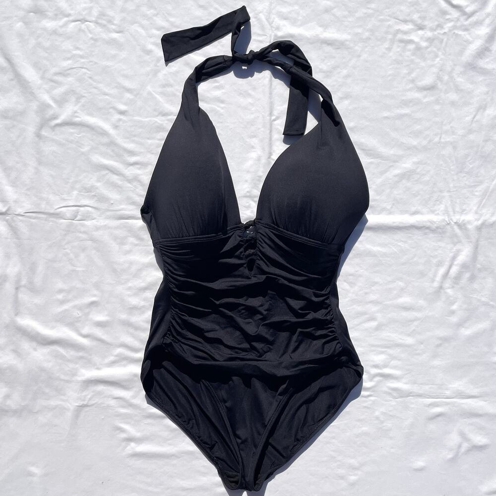 Lauren Ralph Lauren One Piece Swimsuit Womens 14 Black Halter Ruched Slimming